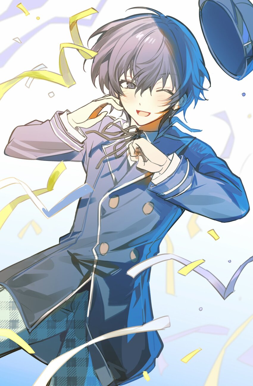 1girl black_ribbon blue_coat blue_eyes blue_hair blue_hat blush coat commentary_request confetti hair_between_eyes hat highres long_sleeves naohaji neck_ribbon one_eye_closed open_mouth pants persona persona_4 plaid_clothes plaid_pants reverse_trap ribbon shirogane_naoto shirt short_hair simple_background solo streamers white_shirt