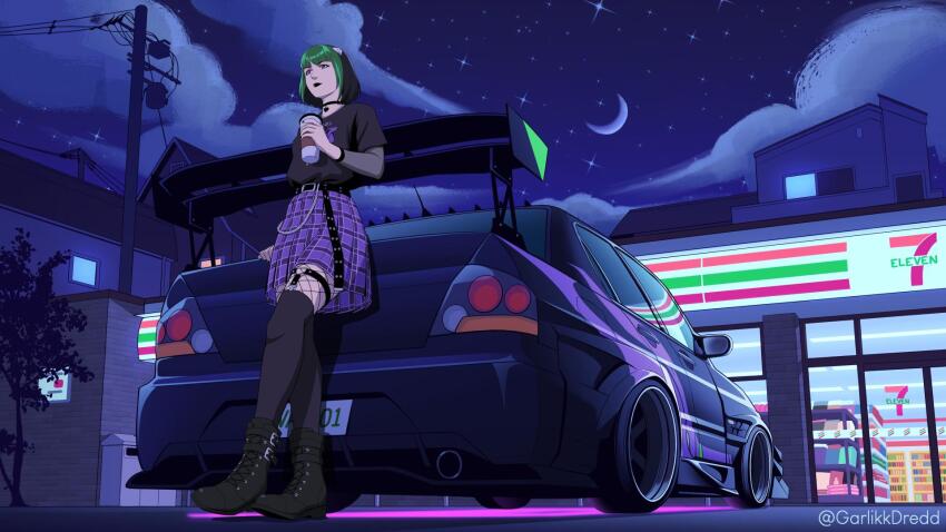 1girl 7-eleven artist_name belt black_belt black_boots black_choker black_hair black_lips black_pantyhose black_shirt black_thighhighs blue_eyes boots chain choker cloud crescent_moon cup disposable_coffee_cup disposable_cup fishnet_pantyhose fishnets garlikk_dredd goth_fashion green_hair highres holding holding_cup looking_ahead mitsubishi_lancer_evolution mitsubishi_motors moon multicolored_hair night night_sky original outdoors pantyhose plaid_clothes plaid_skirt purple_skirt shirt shop short_hair skirt sky solo star_(sky) thigh_strap thighhighs tree two-tone_hair vehicle_focus