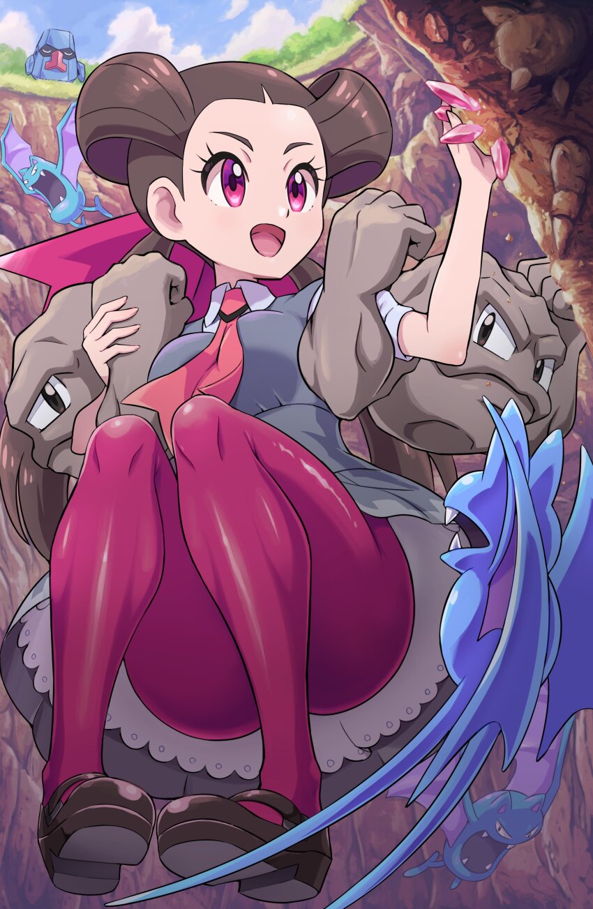 1girl absurdres brown_hair dress floating gen_1_pokemon gen_3_pokemon geodude golbat grey_dress heat_rock highres long_hair necktie nintendo nosepass open_mouth pantyhose pink_necktie pink_pantyhose pokemoa pokemon pokemon_(creature) pokemon_oras red_eyes ribbon roxanne_(pokemon) shoes solo twintails zubat