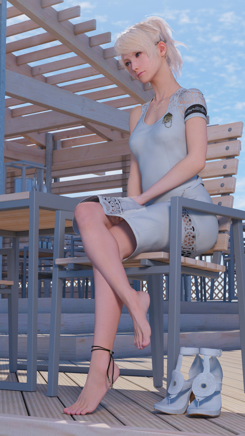 1girl 3d absurdres anklet bare_legs barefoot blonde_hair breasts chair cleavage closed_mouth collarbone crossed_legs day dress feet final_fantasy final_fantasy_xv frills full_body grey_eyes highres jewelry lace lace-trimmed_dress lace_sleeves lace_trim legs lips looking_to_the_side lunafreya_nox_fleuret necdaz91 necklace on_chair outdoors ponytail sandals shadow short_dress single_bare_shoulder single_sleeve sitting small_breasts solo swept_bangs toenails toes unworn_sandals white_dress