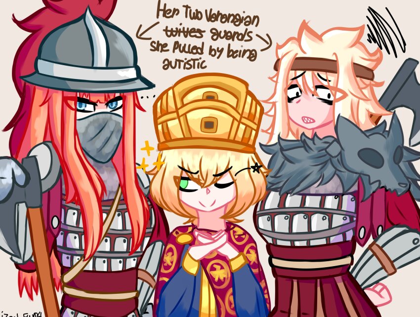 absurdres axe battle_axe blonde_hair byzantine_clothes byzantine_empire crown empress english_text fur_scarf helmet highres holding holding_axe looking_at_viewer mask mouth_mask one_eye_closed original poizon polygamy red_hair sharp_teeth smile teeth varangian_guard viking weapon wife_and_wife_and_wife yuri