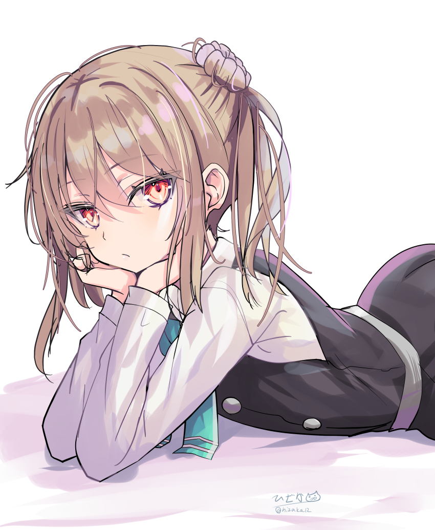 1girl absurdres bed_sheet bow bowtie brown_eyes brown_hair double_bun dress green_bow green_bowtie hair_bun head_rest highres hizaka kantai_collection long_sleeves looking_at_viewer lying michishio_(kancolle) michishio_kai_ni_(kancolle) on_stomach pinafore_dress school_uniform shirt short_hair short_twintails signature sleeveless sleeveless_dress solo twintails twitter_username white_shirt