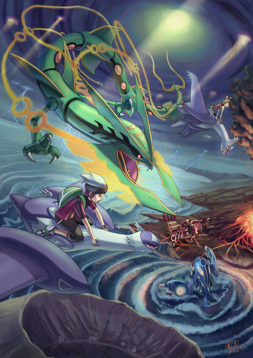 1boy 1girl black_pants black_sclera blue_eyes brendan_(pokemon) brown_hair building claws cloud cloudy_sky colored_sclera commentary_request crater dated dragon eastern_dragon eruption flying gen_3_pokemon green_bag groudon hair_ribbon hat highres hooh_lin in-universe_location kyogre latias latios lava legendary_pokemon lightning may_(pokemon) mega_latias mega_latios mega_pokemon mega_rayquaza mega_ring nintendo open_mouth orange_eyes pants pokemon pokemon_(creature) pokemon_oras primal_groudon primal_kyogre rayquaza red_eyes red_ribbon red_shirt ribbon riding riding_pokemon sharp_teeth shirt shoes short_hair shorts signature sky sleeveless sleeveless_shirt sootopolis_city storm sunlight teeth volcano water waves white_hat white_shoes yellow_sclera
