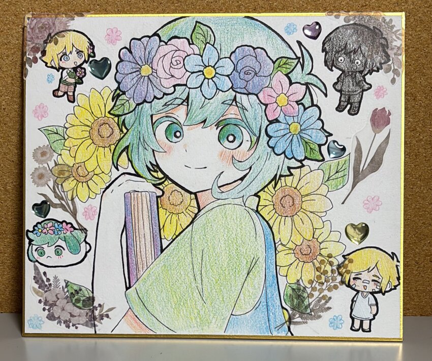 3boys animalization antenna_hair bandaid bandaid_on_face bandaid_on_nose basil_(faraway)_(omori) basil_(headspace)_(omori) basil_(omori) blue_overalls blush book bright_pupils brown_shorts chibi closed_eyes closed_mouth collared_shirt dual_persona flower green_eyes green_hair green_shirt green_sweater_vest hair_flower hair_ornament head_wreath heart highres holding holding_book holding_flower hospital_gown looking_at_viewer multiple_boys omori overalls person_and_animalization rabbit shirt short_hair short_sleeves shorts smile spoilers stranger_(omori) sunflower sweater_vest t-shirt traditional_media white_eyes white_pupils white_shirt yuuabara