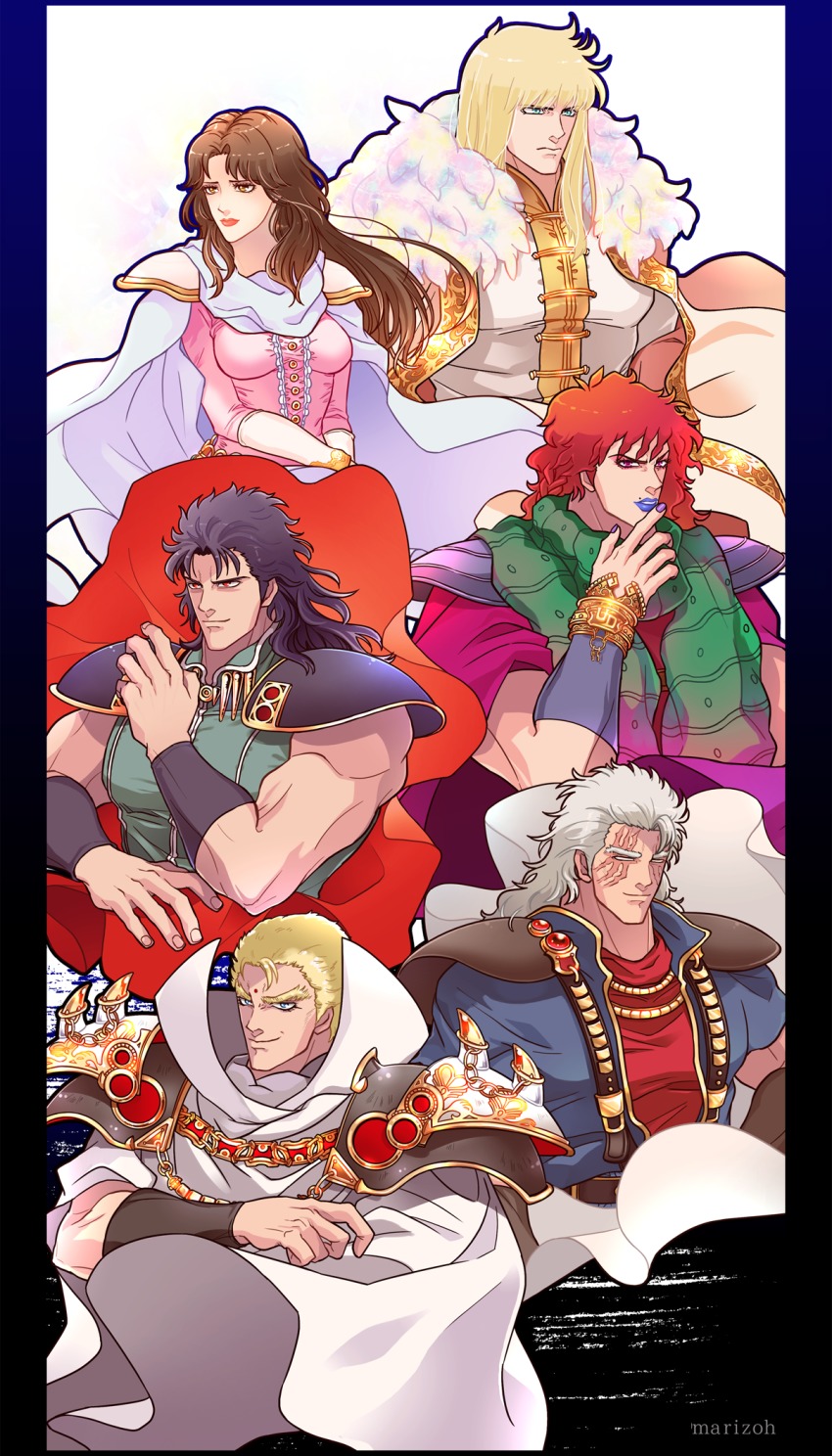 1girl 5boys bad_id bad_pixiv_id black_hair blonde_hair blue_eyes breasts brown_eyes brown_hair cape dress facial_mark forehead forehead_mark highres hokuto_no_ken lipstick long_hair makeup mayuzumi medium_breasts mole multiple_boys muscular nail_polish no_pupils pillarboxed pink_dress pink_eyes purple_lips purple_nails red_eyes red_hair rei_(hokuto_no_ken) scar scarf shin_(hokuto_no_ken) shoulder_pads shu_(hokuto_no_ken) smile souther spikes white_hair wrist_cuffs wristband yuda_(hokuto_no_ken) yuria_(hokuto_no_ken)