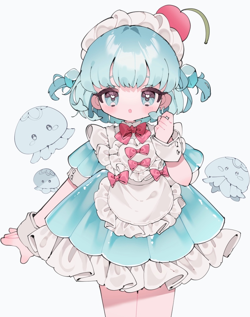 1girl :o apron blue_background blue_dress blue_eyes blue_hair blush bow bowtie cherry commentary cowboy_shot cube_hair_ornament dress food frilled_apron frilled_dress frills fruit hair_ornament hand_up highres jellyfish looking_at_viewer maid_headdress open_mouth original red_bow red_bowtie short_hair short_sleeves simple_background solo two_side_up upache white_apron wrist_cuffs