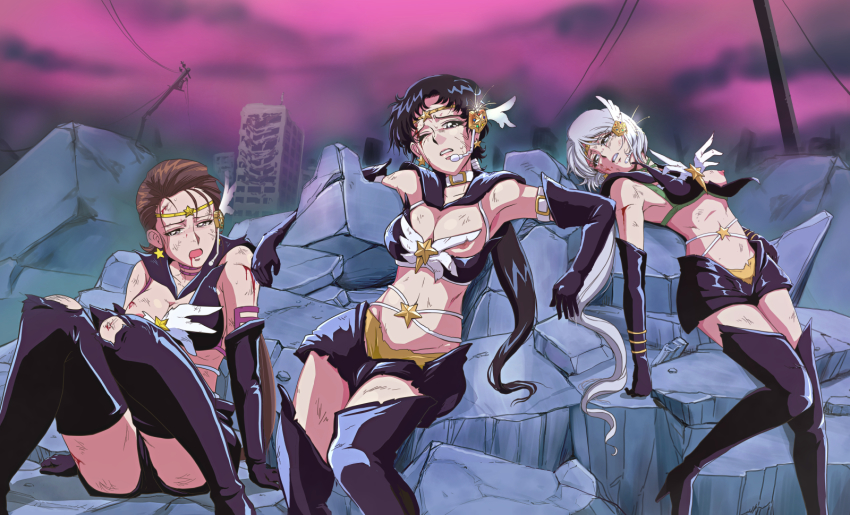 3girls bishoujo_senshi_sailor_moon bishoujo_senshi_sailor_moon_sailor_stars bishoujo_senshi_sailor_moon_stars black_legwear blood blue_eyes blush boots breasts brown_eyes brown_hair defeat earrings groin highres jewelry large_breasts multiple_girls open_mouth panties sailor_star_fighter sailor_star_healer sailor_star_maker seiya_kou short_hair shorts small_breasts star_(symbol) star_earrings taiki_kou tare-katsu thigh_boots thighhighs tiara torn_clothes underwear white_hair yaten_kou yellow_pupils