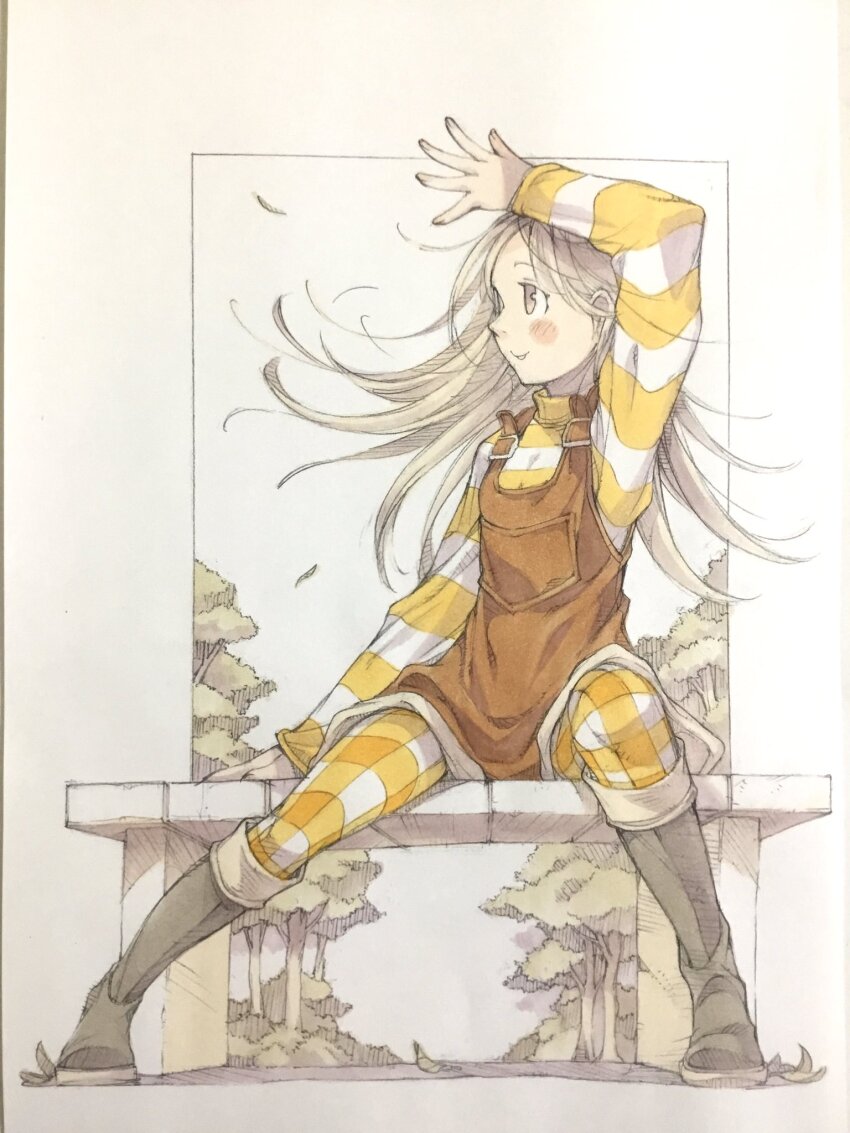 1girl arm_above_head arm_up bench black_boots blonde_hair boots brown_eyes brown_overalls closed_mouth commentary full_body gingham gingham_legwear highres legs_apart long_hair looking_to_the_side on_bench open_hand original outdoors overall_skirt overalls peter_salt shirt sitting smile solo striped_clothes striped_shirt thighhighs traditional_media tree turning_head yellow_shirt yellow_thighhighs