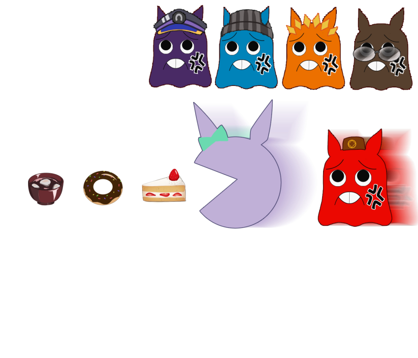 6+girls afterimage anger_vein beanie black_eyes cake cake_slice donut dream_journey_(umamusume) ears_through_headwear fenomeno_(umamusume) food gold_ship_(umamusume) hat highres mejiro_mcqueen_(umamusume) meso_(zgmf-xv) multiple_girls nakayama_festa_(umamusume) no_humans orfevre_(umamusume) pac-man pac-man_(game) shiruko_(food) simple_background umamusume umamusume_tanuki white_background