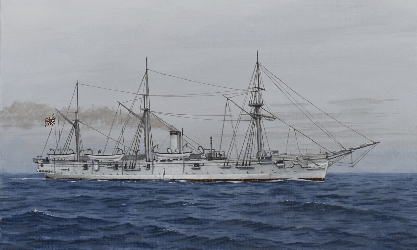 acrylic_paint_(medium) atelier_bono evening flag frigate highres imperial_japanese_navy japanese_flag mast military_vehicle morning no_humans ocean original painting_(medium) ship sky smoke smokestack tenryuu_(frigate) traditional_media vehicle_focus warship watercraft