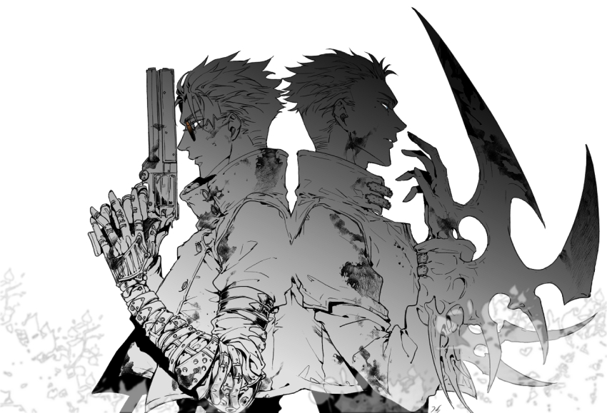 2boys agl_arms_.45_long_colt arm_blade arm_wrap back-to-back belt blood blood_on_clothes blood_on_face break-action_revolver brothers closed_mouth commentary finger_on_trigger from_side gun handgun hands_up hari1000bom holding holding_gun holding_weapon long_sleeves looking_ahead low_bore_axis_revolver male_focus millions_knives monochrome multiple_boys parted_lips profile prosthesis prosthetic_arm red-tinted_eyewear revolver short_hair siblings simple_background spot_color sunglasses tinted_eyewear torn_clothes trigun trigun_stampede twins upper_body vash_the_stampede weapon
