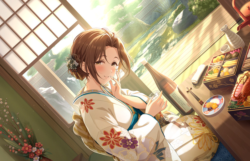 architecture bento bottle brown_hair bush chopsticks cup east_asian_architecture fence flower food forehead game_cg grass holding idolmaster idolmaster_cinderella_girls idolmaster_cinderella_girls_starlight_stage japanese_clothes kawashima_mizuki kimono official_art plant plate potted_plant rock smile sunlight table tatami teapot tree wine_bottle yellow_eyes
