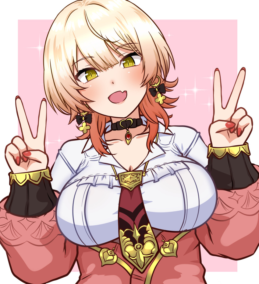 1girl black_choker blonde_hair blush bow bow_earrings breasts cardigan choker cleavage double_v earrings fang goriate hair_between_eyes heart heart_choker highres hoop_earrings jewelry large_breasts long_hair long_sleeves looking_at_viewer nail_polish necktie nijisanji nui_sociere nui_sociere_(10th_costume) off-shoulder_sweater off_shoulder pink_cardigan pink_nails purple_necktie shirt skin_fang skirt solo sweater v virtual_youtuber white_shirt wolf_cut yellow_eyes