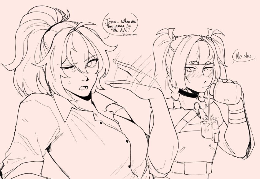 android blush braid collared_shirt english_text fanning_self hadalogic long_hair multiple_girls ponytail qingyi_(zenless_zone_zero) shirt spilling sweat twintails zenless_zone_zero zhu_yuan