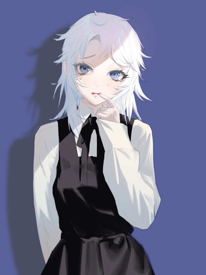 1girl absurdres chainsaw_man commentary crying crying_with_eyes_open dress famine_devil_(chainsaw_man) fourth_east_high_school_uniform highres ivdimension messy_hair ringed_eyes school_uniform sleeveless sleeveless_dress solo tears white_hair