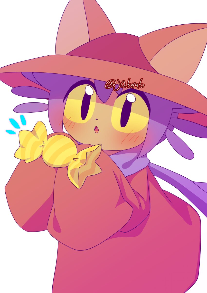 1other :o absurdres androgynous animal_hat black_eyes blush brown_coat brown_hat candy cat_hat child coat colored_sclera commentary dot_nose food hat highres holding holding_candy holding_food ja6m6 long_sleeves medium_hair niko_(oneshot) notice_lines oneshot_(game) other_focus parted_lips purple_hair purple_scarf scarf sleeves_past_fingers sleeves_past_wrists solo symbol-only_commentary twitter_username white_background wrapped_candy yellow_sclera