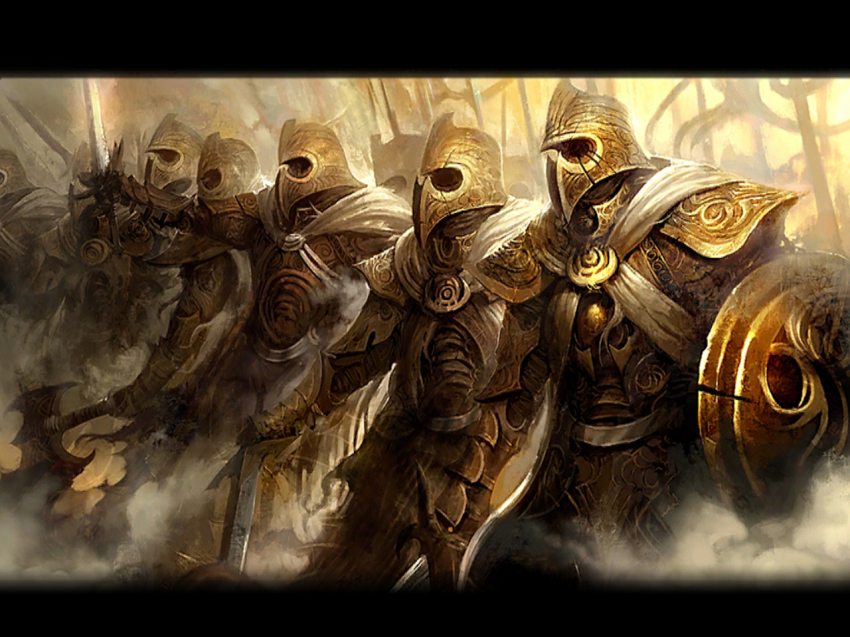 6+boys armor army axe double_bladed_axe guild_wars_(series) guild_wars_1 helmet letterboxed male_focus multiple_boys non-web_source shield sword war weapon white_mantle