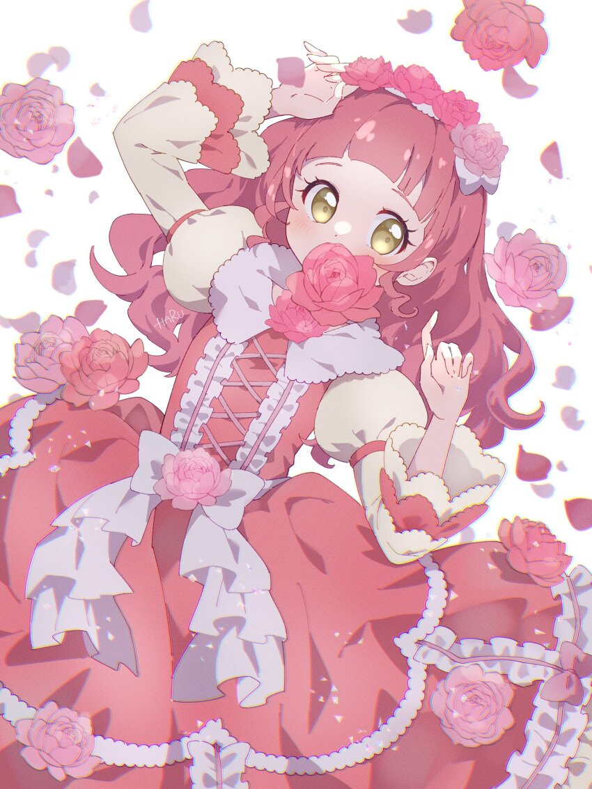 1girl akagi_anna arm_up bow chromatic_aberration curly_sidelocks dress dress_bow dress_flower facing_viewer falling_petals flower hand_up haru_(haru1bc6c4) highres idol idol_clothes index_finger_raised kiratto_pri_chan long_dress long_hair long_sleeves looking_to_the_side petals pink_flower pink_rose pretty_series red_eyes red_flower red_rose rose solo wavy_hair white_background white_bow yellow_eyes
