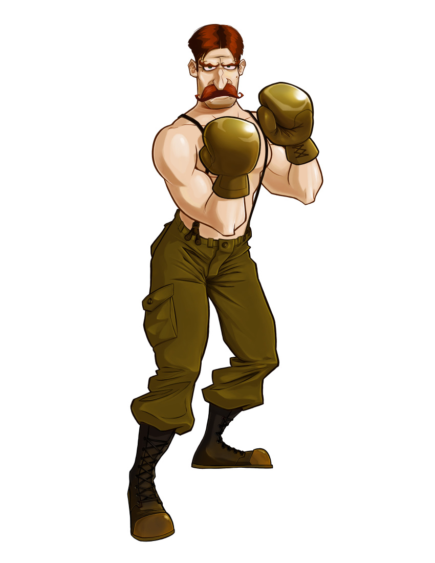 1boy absurdres boots boxing boxing_gloves brown_hair facial_hair green_eyes highres male_focus manly muscular mustache nintendo official_art pants punch-out!! solo suspenders topless_male von_kaiser