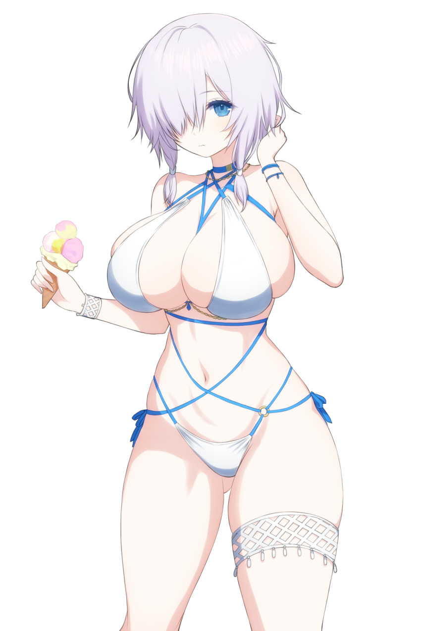 1girl asamura_hiori azur_lane bare_shoulders bikini blue_choker blue_eyes breasts choker cleavage closed_mouth collarbone commentary_request cowboy_shot dead_or_alive dead_or_alive_xtreme food gluteal_fold hair_between_eyes hair_ribbon hand_up highres holding holding_food holding_ice_cream ice_cream jewelry large_breasts looking_at_viewer luna_(doa) navel o-ring o-ring_bikini official_alternate_costume ribbon short_hair short_hair_with_long_locks side-tie_bikini_bottom sidelocks simple_background skindentation solo standing stomach swimsuit thighlet tress_ribbon white_background white_bikini white_hair wristband bracelet
