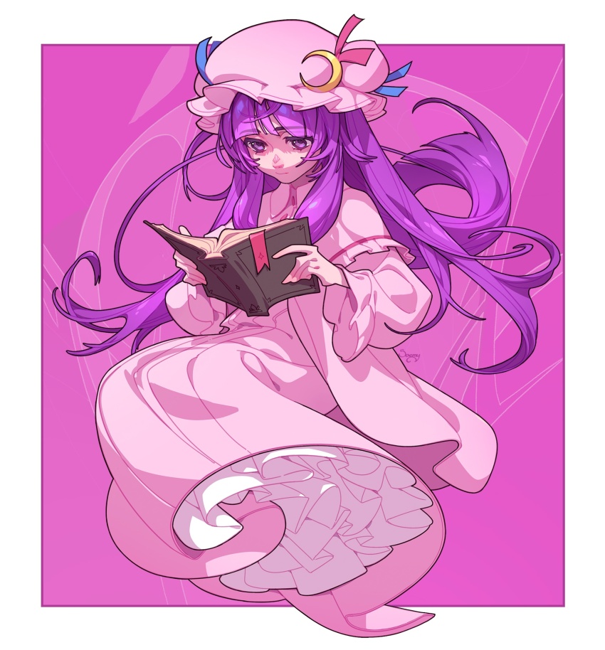 1girl book border closed_mouth color_wheel_challenge crescent crescent_hat_ornament double_bun dress hair_bun hat hat_ornament highres long_hair making-of_available mob_cap multiple_drawing_challenge patchouli_knowledge petticoat pink_background pink_dress pink_hat pink_theme purple_eyes purple_hair reading soemy solo touhou white_border