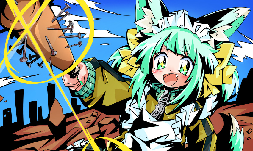 +_+ 1girl :d absurdres animal_ear_fluff animal_ears aqua_hair bakunyuu_gorilla baseball_bat blue_sky blush cloud commentary_request day dot_nose eyelashes fang fox_ears fox_girl fox_tail glint green_eyes green_nails highres holding holding_baseball_bat long_sleeves maid_headdress nail_(hardware) nail_bat open_mouth original outdoors rust sky smile solo tail thick_eyebrows ttgl_eyecatch turtleneck upper_body zipper