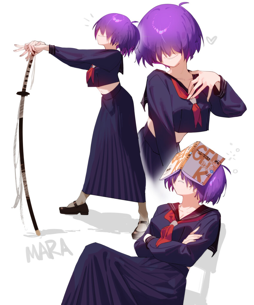1girl black_footwear black_shirt black_skirt book book_on_head breasts character_name closed_mouth colored_inner_hair crop_top crop_top_overhang crossed_arms delinquent facing_viewer hair_over_one_eye heart highres long_skirt long_sleeves mara_(raneblu) mary_janes midriff multicolored_hair multiple_views navel neckerchief object_on_head ootachi original purple_hair raneblu red_neckerchief sailor_collar school_uniform serafuku shirt shoes short_hair sitting skirt sleeping small_breasts smile squeans sukeban