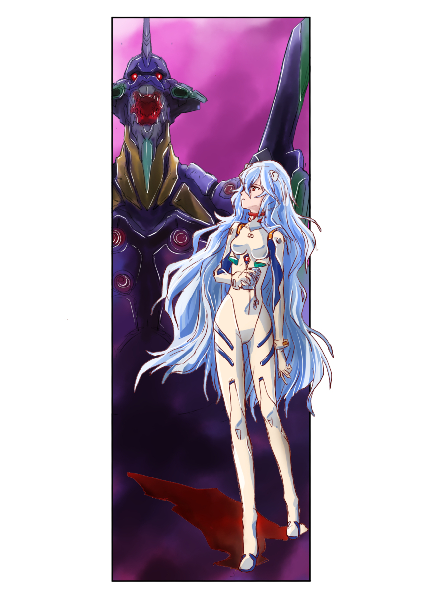 1girl ayanami_rei blue_hair bodysuit border breasts commentary_request eva_01 evangelion:_3.0+1.0_thrice_upon_a_time evangelion_(mecha) full_body highres horns long_hair looking_ahead mecha mecha_pilot_suit neon_genesis_evangelion official_alternate_hair_length official_alternate_hairstyle open_mouth outside_border parted_lips partial_commentary plugsuit_(evangelion) profile rebuild_of_evangelion red_eyes robot shadow single_horn sketch small_breasts taiga_hiroyuki turning_head variant_set very_long_hair wavy_hair white_bodysuit white_border