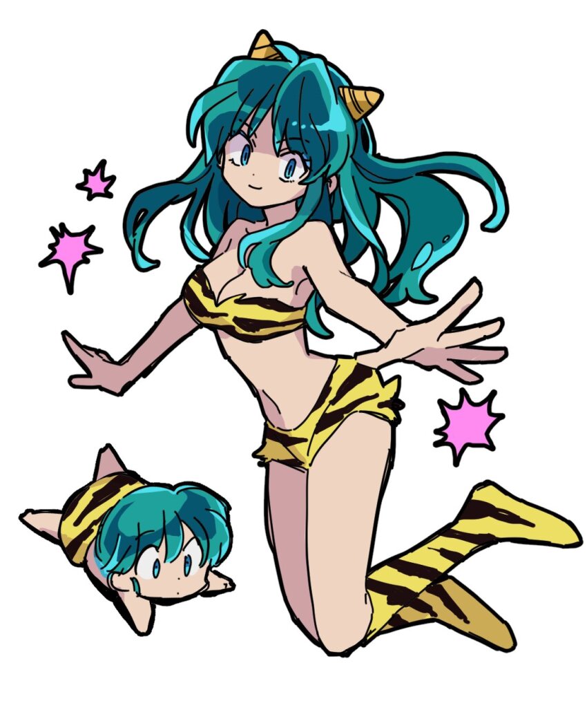 1boy 1girl animal_print bikini breasts bukiko child closed_mouth commentary_request cone_horns cousins full_body green_eyes green_hair highres horns long_hair looking_at_viewer lum oni print_bikini short_hair simple_background smile swimsuit ten_(urusei_yatsura) tiger_print urusei_yatsura white_background yellow_bikini yellow_horns