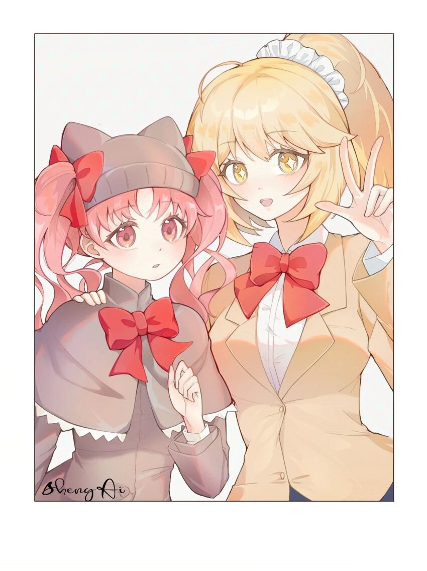 2girls aisheng_kuroko animal_hat beanie blazer blonde_hair bow bowtie breasts brown_capelet brown_eyes brown_hair brown_hat brown_jacket capelet cat_hat collared_shirt commentary_request hair_bow hair_ornament hair_scrunchie hand_on_another&#039;s_shoulder hat highres jacket large_breasts long_hair long_sleeves multiple_girls no_emblem official_alternate_costume official_alternate_hairstyle ponytail red_bow red_bowtie school_uniform scrunchie shirai_kuroko shirt shokuhou_misaki simple_background sparkling_eyes toaru_kagaku_no_mental_out toaru_kagaku_no_railgun toaru_majutsu_no_index tokiwadai_school_uniform twintails w white_scrunchie white_shirt winter_uniform yellow_eyes