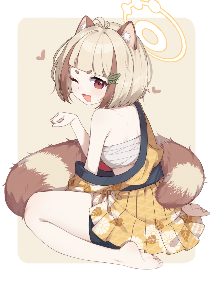 1girl ;d animal_ears antenna_hair arata_(blue_archive) back barefoot black_sash blonde_hair blue_archive border breasts brown_background brown_eyes chest_sarashi dress fang full_body hair_ornament hairclip halo heart highres japanese_clothes kimono looking_back melozr multicolored_hair one_eye_closed open_mouth outside_border paw_pose pleated_dress raccoon_ears raccoon_girl raccoon_tail sarashi sash short_hair single_off_shoulder sitting small_breasts smile solo streaked_hair tail wariza white_border yellow_halo yellow_kimono
