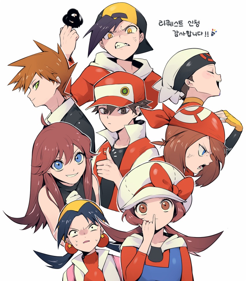 4boys 4girls anger_vein angry bandana baseball_cap black_hair blue_eyes blue_hair blue_oak blue_oak_(pokemon_hgss) blush brendan_(pokemon) brown_eyes censored clenched_teeth closed_mouth ethan_(pokemon) eyelashes fingerless_gloves gloves green_(pokemon) green_eyes hat highres hood hoodie kris_(pokemon) long_hair long_sleeves lyra_(pokemon) may_(pokemon) middle_finger multiple_boys multiple_girls nintendo nose_picking overalls pokemon red_(pokemon) sharp_teeth silver_(pokemon) sleeveless spiked_hair sweatdrop teeth thumbs_up twintails upper_body white_background white_gloves yamtteng yellow_eyes yellow_gloves