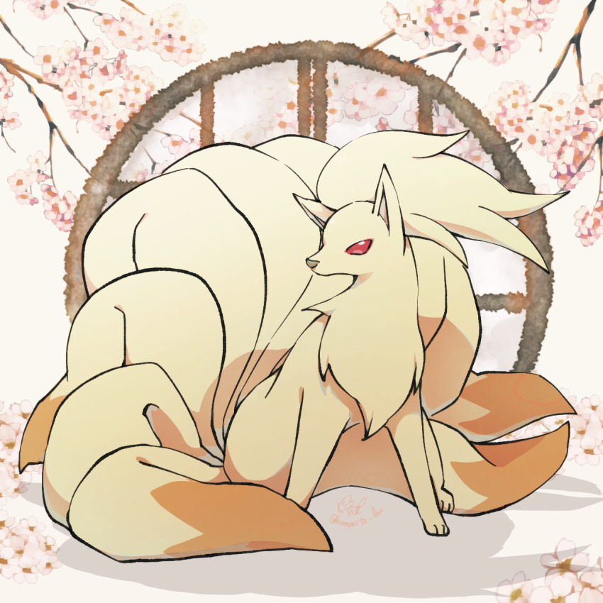 animal_focus commentary_request flower gen_1_pokemon highres kompeito_fox ninetales nintendo no_humans pink_background pink_flower pokemon pokemon_(creature) red_eyes shadow simple_background sitting