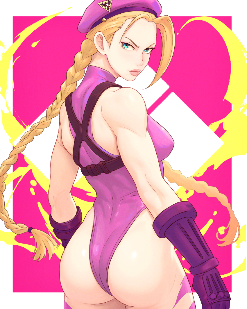 1girl absurdres arms_at_sides ass beret blonde_hair blue_eyes body_markings border braid breasts cammy_white chest_harness closed_mouth cowboy_shot evolution_championship_series floating_hair from_behind halter_leotard halterneck harness hat highleg highleg_leotard highres leotard lips long_hair looking_at_viewer looking_back medium_breasts outside_border pink_hat pink_leotard solo standing street_fighter street_fighter_6 truejekart twin_braids v-shaped_eyebrows very_long_hair white_border