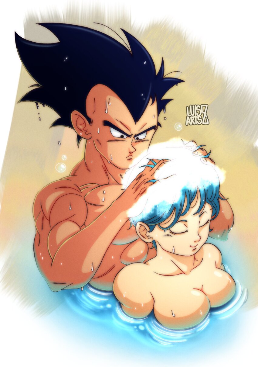 1boy black_hair blue_hair breasts bulma cleavage closed_eyes completely_nude dragon_ball dragon_ball_daima hetero highres kisaragi_1go muscular muscular_male nude partially_submerged shared_bathing smile soap_bubbles thick_eyebrows vegeta washing_hair water wet wet_hair