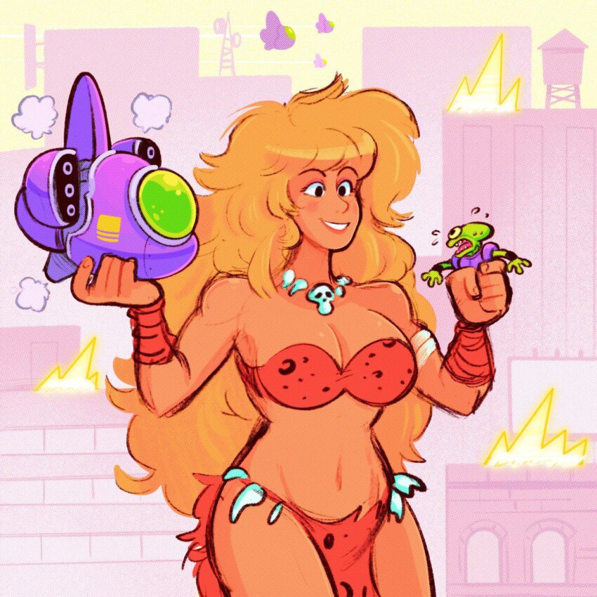 1girl alien blonde_hair blush bone_necklace bra breasts building city commentary destruction english_commentary fire fur_trim giant giantess highres jewelry large_breasts long_hair midriff mostlyghostly navel necklace original red_bra size_difference skull_necklace smile spacecraft underwear water_tower