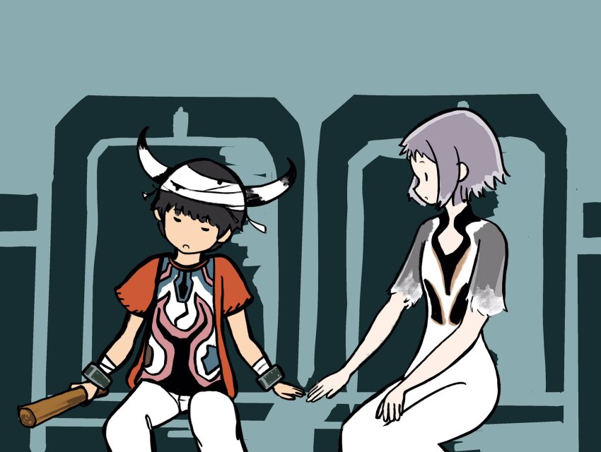1boy 1girl artist_request bandages black_hair closed_eyes dress grey_hair highres horns ico ico_(character) open_mouth pointy_ears short_hair sitting sleeping sleeping_upright tabard white_dress yorda