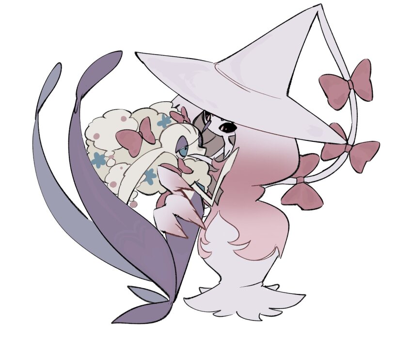 alternate_color black_sclera blue_eyes bow chibi colored_sclera florges flower full_body gen_6_pokemon gen_8_pokemon hair_bow hands_on_another&#039;s_face hat hatterene highres hug nintendo no_humans pokemon shiny_pokemon standing tentacles torori_toro_(oimo_kenpi) white_background witch_hat