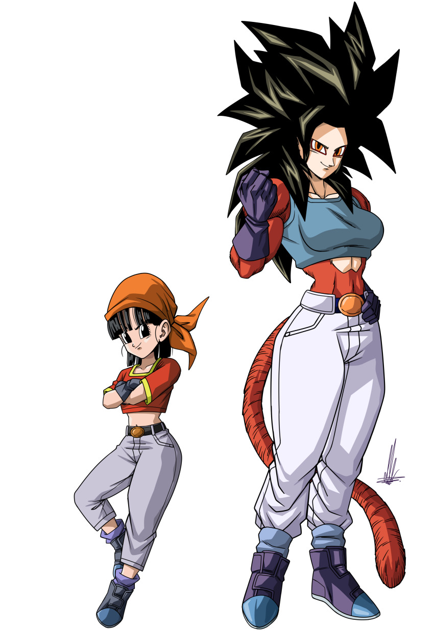 1girl absurdres age_progression baggy_pants bandana belt belt_buckle black_eyes black_gloves black_hair black_shoes blue_socks blue_tank_top blunt_bangs body_fur breasts buckle crop_top cropped_shirt crossed_arms denim dragon_ball dragon_ball_gt drop_shadow flat_chest full_body gloves grey_pants highres jeans long_hair medium_breasts medium_hair midriff monkey_girl monkey_tail multiple_views orange_bandana orange_eyes pan_(dragon_ball) pants pants_tucked_in purple_gloves purple_shoes purple_socks red_fur red_shirt shirt shoes signature simple_background smirk sneakers socks spiked_hair super_saiyan super_saiyan_4 tail tank_top toriyama_akira_(style) un_koshin1402 white_background yellow_trim