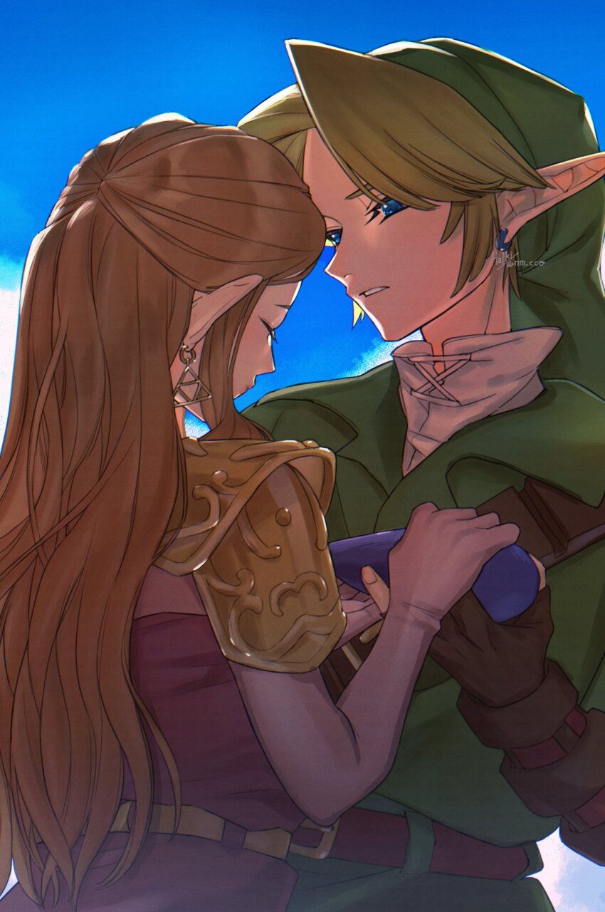 1boy 1girl ao_haruki armor belt belt_buckle blonde_hair blue_eyes blue_sky brown_gloves brown_hair buckle closed_eyes cloud cloudy_sky dress earrings elbow_gloves fingerless_gloves gloves green_headwear green_tunic highres holding holding_hands holding_instrument instrument jewelry link long_hair looking_at_another nintendo ocarina parted_lips pink_dress pink_gloves pointy_ears princess_zelda shoulder_armor sidelocks sky the_legend_of_zelda the_legend_of_zelda:_ocarina_of_time tunic twitter_username upper_body