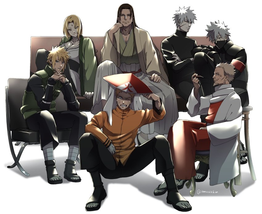1girl 6+boys absurdres beard black_hair blonde_hair blue_eyes boruto:_naruto_next_generations boruto:_naruto_the_movie boruto:_the_movie breasts brother brothers chair cleavage commentary commentary_request couch crossed_arms facial_hair facial_mark father_and_son flak_jacket forehead_jewel forehead_mark full_body grandfather_and_granddaughter hair_between_eyes hatake_kakashi highres huge_breasts jacket japanese_clothes japanese_text kemu_(19002265km) kimono large_breasts long_sleeves looking_at_viewer mask mouth_mask multiple_boys namikaze_minato naruto:_the_last naruto_(classic) naruto_(series) naruto_shippuuden ninja old old_man one_eye_closed own_hands_together pants red_headwear sandals sarutobi_hiruzen scar scar_across_eye scar_on_face senju_hashirama senju_tobirama short_hair siblings simple_background sitting smile smoking_pipe spiked_hair symbol-only_commentary tsunade_(naruto) uzumaki_naruto white_hair