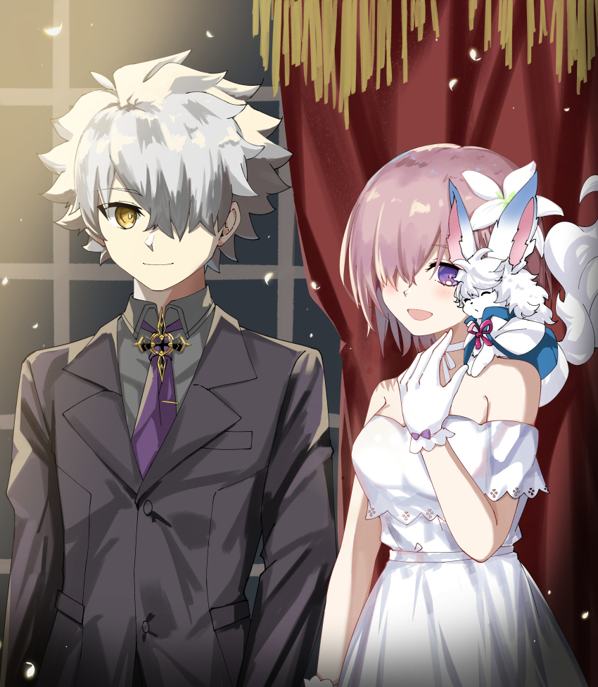 1boy 1girl absurdres alternate_costume bare_shoulders black_suit collared_shirt commentary_request creature creature_on_shoulder curtains fate/grand_order fate_(series) flower formal_clothes fou_(fate) galahad_(fate) gloves grey_shirt hair_flower hair_ornament highres indoors lanpohantong long_sleeves mash_kyrielight mash_kyrielight_(formal_dress) necktie official_alternate_costume on_shoulder pink_hair purple_eyes purple_necktie shirt short_hair spiked_hair suit white_gloves white_hair window yellow_eyes