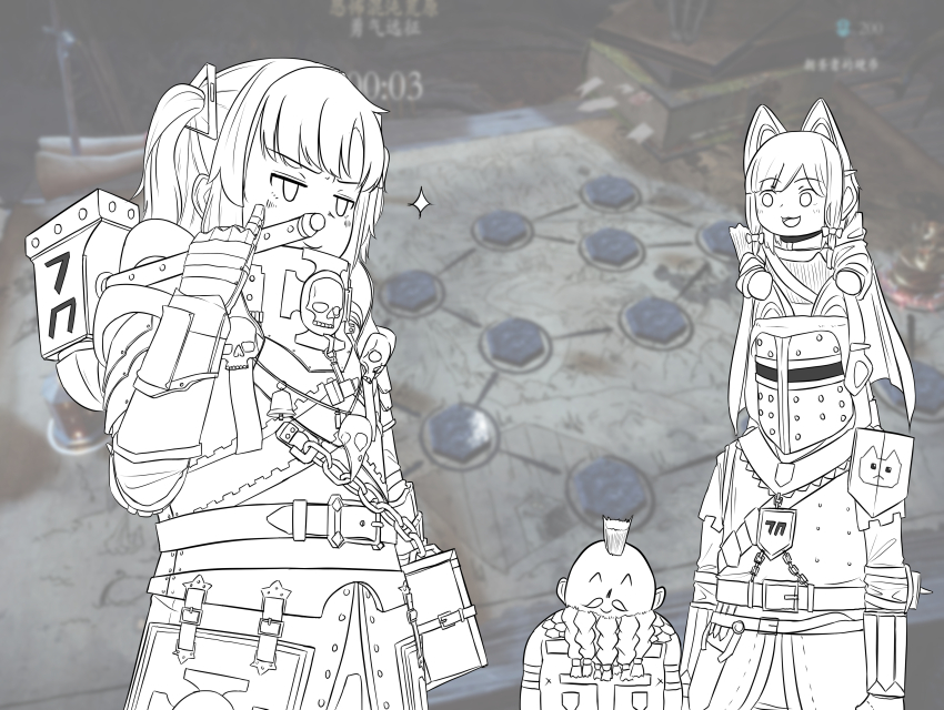 1boy 1other 2girls ^_^ absurdres animal_ear_headphones animal_ears animal_print bardin_goreksson bardin_goreksson_(cosplay) bell belt blue_archive braid braided_beard cat_ear_headphones cat_print chain chinese_text cloak closed_eyes commentary cosplay doodle_sensei_(blue_archive) dwarf english_commentary facial_hair fake_animal_ears game_screenshot_background gauntlets glint gorget hair_ornament hammer headphones helm helmet highres holding holding_hammer kerillian kerillian_(cosplay) markus_kruber markus_kruber_(cosplay) midori_(blue_archive) mixed-language_commentary mohawk momoi_(blue_archive) multiple_girls mustache o_o pinky_out playing_games quiver screenshot_background sensei_(blue_archive) skull smug spartagordon vermintide vermintide_2 victor_saltzpyre victor_saltzpyre_(cosplay) war_hammer warhammer_fantasy weapon yuuka_(blue_archive)