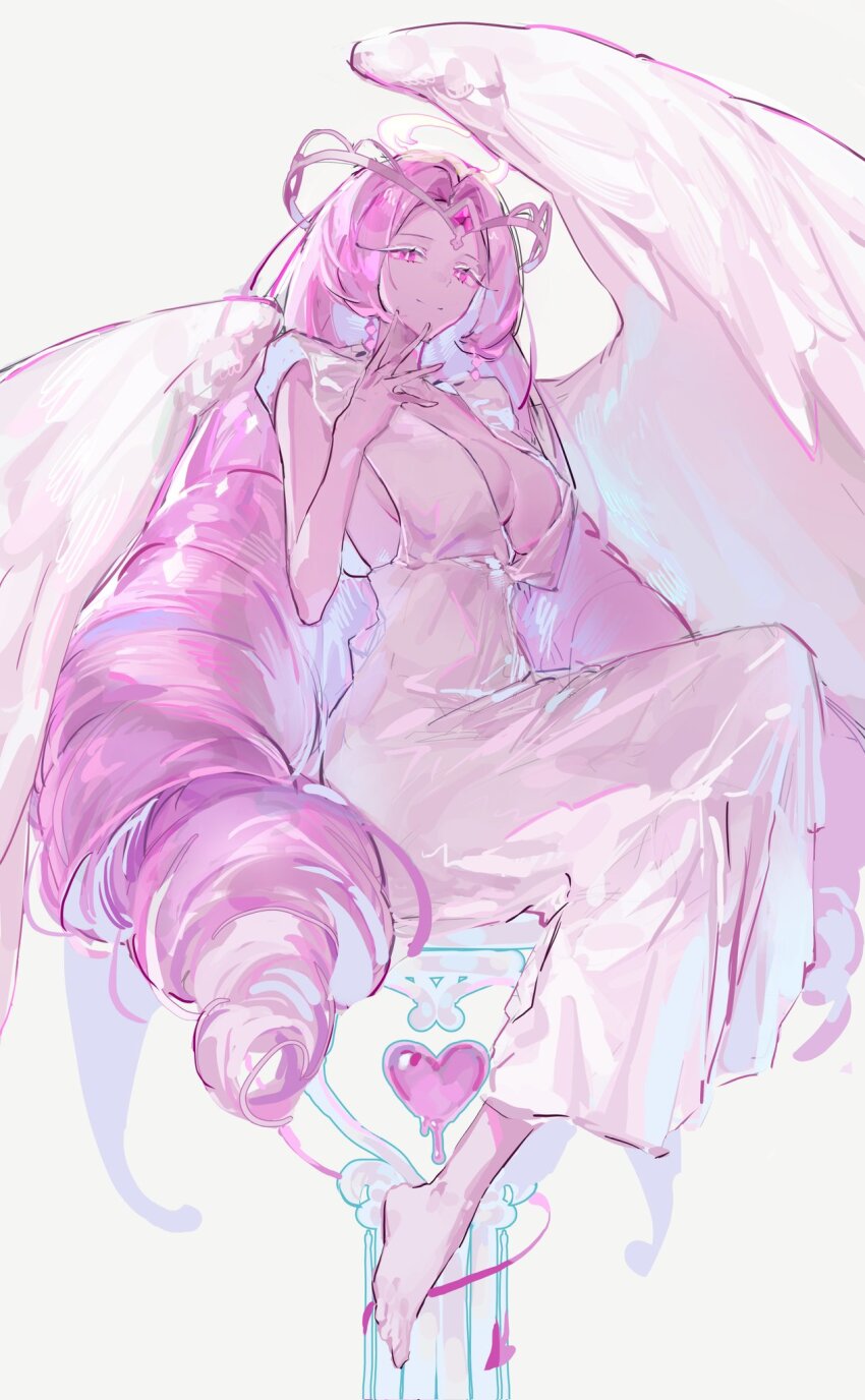 1girl angel angel_wings barefoot breasts cleavage colored_skin cookie_run cookie_run:_kingdom curly_hair eternal_sugar_cookie f4d1a6 highres looking_at_viewer pink_eyes pink_hair pink_skin toga wing_eyes wings