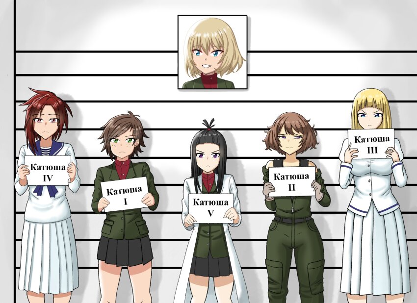 6+girls absurdres black_skirt character_request collared_shirt commission girls_und_panzer green_jacket green_jumpsuit highres jacket jumpsuit katyusha_(girls_und_panzer) kuroumikei lab_coat mugshot multiple_girls pravda_school_uniform red_shirt school_uniform serafuku shirt skirt translation_request white_serafuku