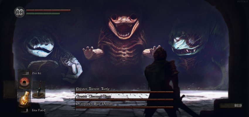1other absurdres ambiguous_gender armor bulbasaur cape cave charmander chosen_undead commentary dark dark_souls_(series) dark_souls_i estus_flask fake_screenshot fangs gameplay_mechanics gen_1_pokemon heads-up_display health_bar helm helmet highres hollow_eyes horror_(theme) monster neytirix nintendo poke_ball pokemon pokemon_(creature) sharp_teeth shoulder_armor squirtle starter_pokemon_trio teeth torn_cape torn_clothes user_interface weapon