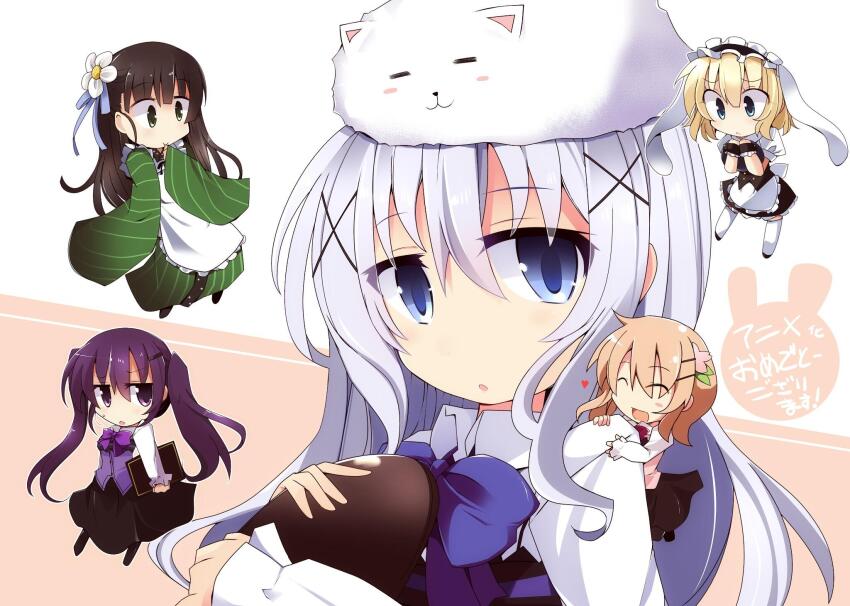 5girls =_= ama_usa_an_uniform apron aqua_eyes blonde_hair blue_eyes blue_hair blue_pupils blunt_bangs blush_stickers bow breasts brown_background brown_hair brown_skirt chibi clinging deformed fleur_de_lapin_uniform floating_hair flower frilled_apron frills full_body furrowed_brow giant giantess gochuumon_wa_usagi_desu_ka? green_kimono hair_flower hair_ornament hair_tie hairclip hand_on_another&#039;s_shoulder hand_on_own_face highres holding holding_tray hoto_cocoa japanese_clothes jitome kafuu_chino kimono long_hair long_sleeves looking_at_another looking_down medium_breasts multiple_girls orange_hair pink_apron puffy_short_sleeves puffy_sleeves purple_apron purple_bow purple_theme rabbit_house_uniform second-party_source shirogane-san short_sleeves simple_background size_difference skirt small_breasts solo_focus thighhighs tippy_(gochiusa) translation_request tray twintails upper_body very_long_hair white_apron white_background white_thighhighs x_hair_ornament zettai_ryouiki