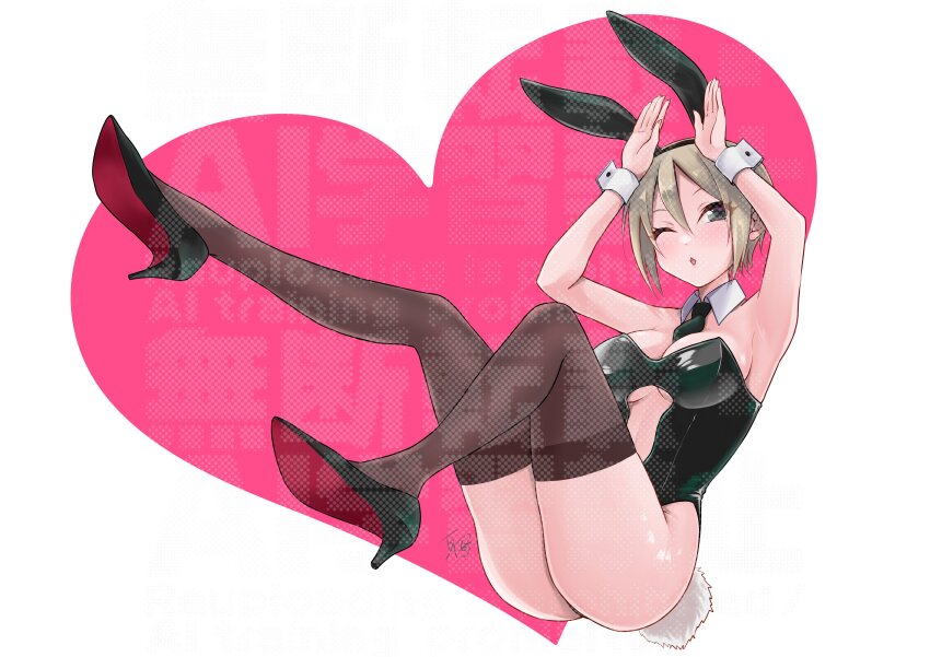 1girl ;o absurdres animal_ear_hairband animal_ears armpits arms_up ass black_footwear black_leotard black_necktie black_thighhighs blush breasts clothing_cutout commentary_request detached_collar double-parted_bangs fake_animal_ears fake_tail full_body grey_hair hair_between_eyes hairband heart heart_background high_heels highres idolmaster idolmaster_cinderella_girls leotard medium_breasts mimiko335 necktie one_eye_closed rabbit_ear_hairband rabbit_ears rabbit_pose rabbit_tail shiomi_syuko short_hair solo tail thighhighs watermark wrist_cuffs