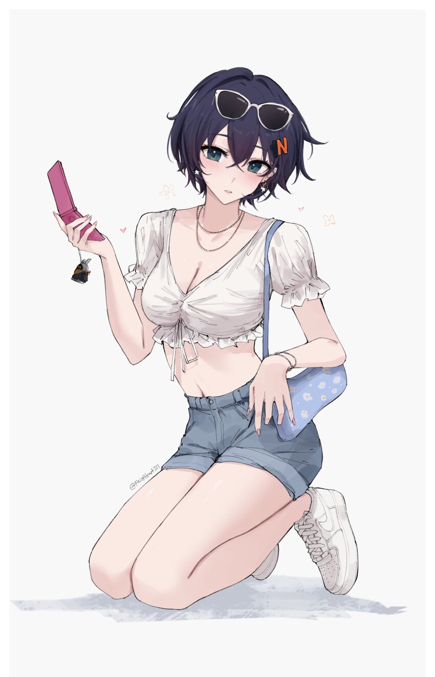 1girl alternate_costume belle_(zenless_zone_zero) blue_hair breasts cellphone cleavage collarbone commentary crop_top denim denim_shorts earrings feint721 flip_phone full_body green_eyes grey_background hair_between_eyes hair_ornament highres holding holding_phone jewelry kneeling large_breasts letter_hair_ornament light_blush looking_at_viewer navel necklace parted_lips phone shirt shoes short_hair shorts simple_background solo twitter_username white_shirt white_shoes zenless_zone_zero