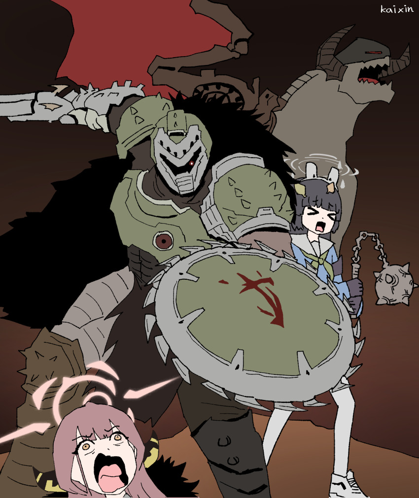 &gt;_&lt; 2girls absurdres animal_ear_hairband animal_ears armor aru_(blue_archive) black_hair blue_archive blue_shirt demon demon_girl demon_horns doom:_the_dark_ages doom_(series) doomguy fake_animal_ears green_necktie gun hairband highres holding holding_flail holding_gun holding_shield holding_weapon horns kai_xin long_hair miyu_(blue_archive) multiple_girls necktie open_mouth pantyhose rabbit_ear_hairband rabbit_ears red_hair sailor_collar shield shield_saw shirt shoes weapon white_hairband white_pantyhose white_sailor_collar white_shoes yellow_eyes